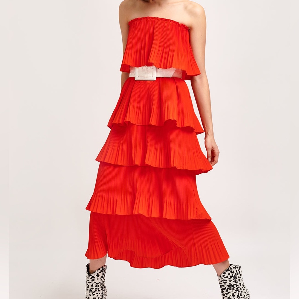 Strapless Tiered Midi Dress in Bright Red